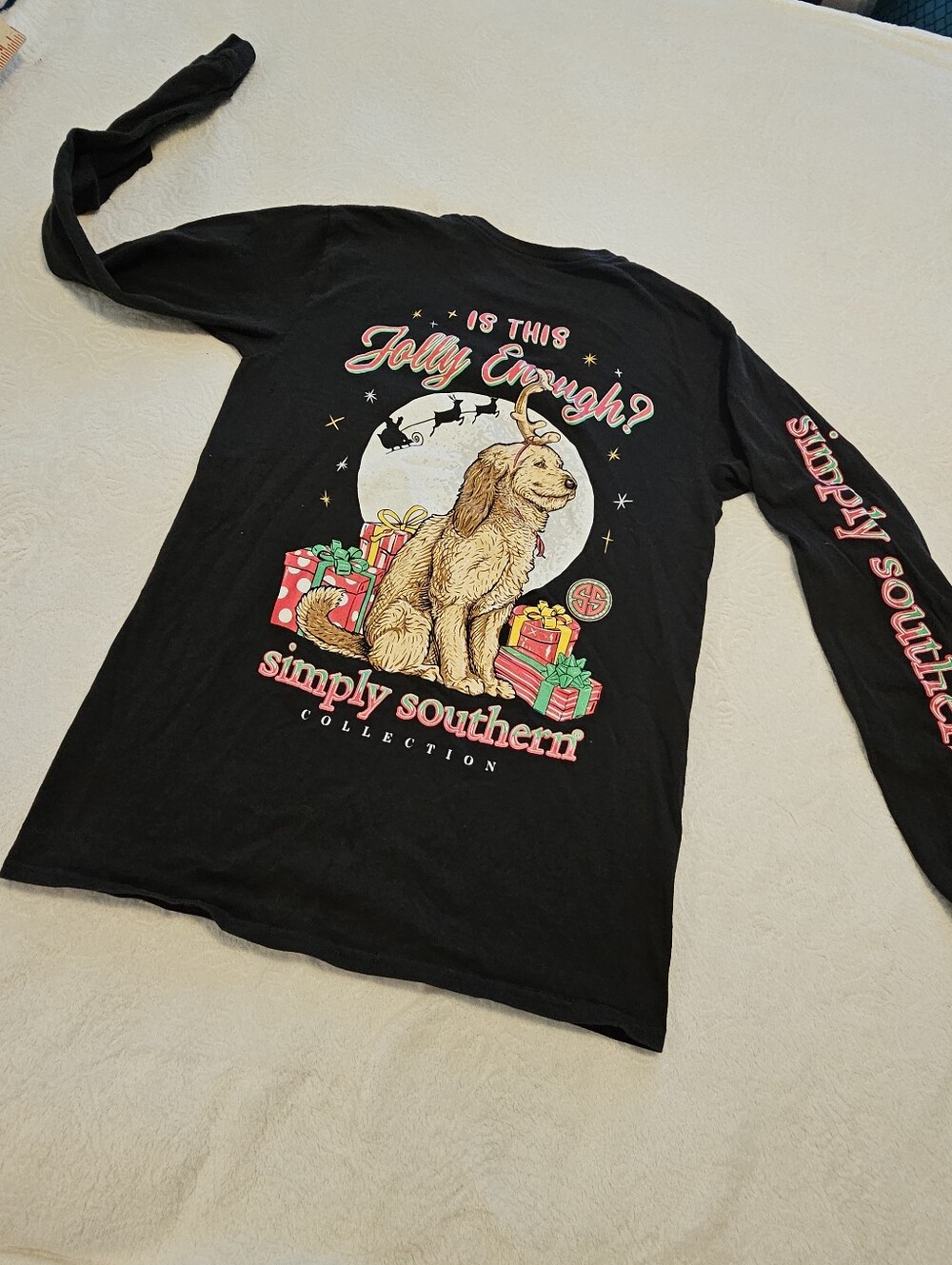 Simply Southern Women's Small Black LS Shirt "Is This Jolly Enough?" Dog Euc